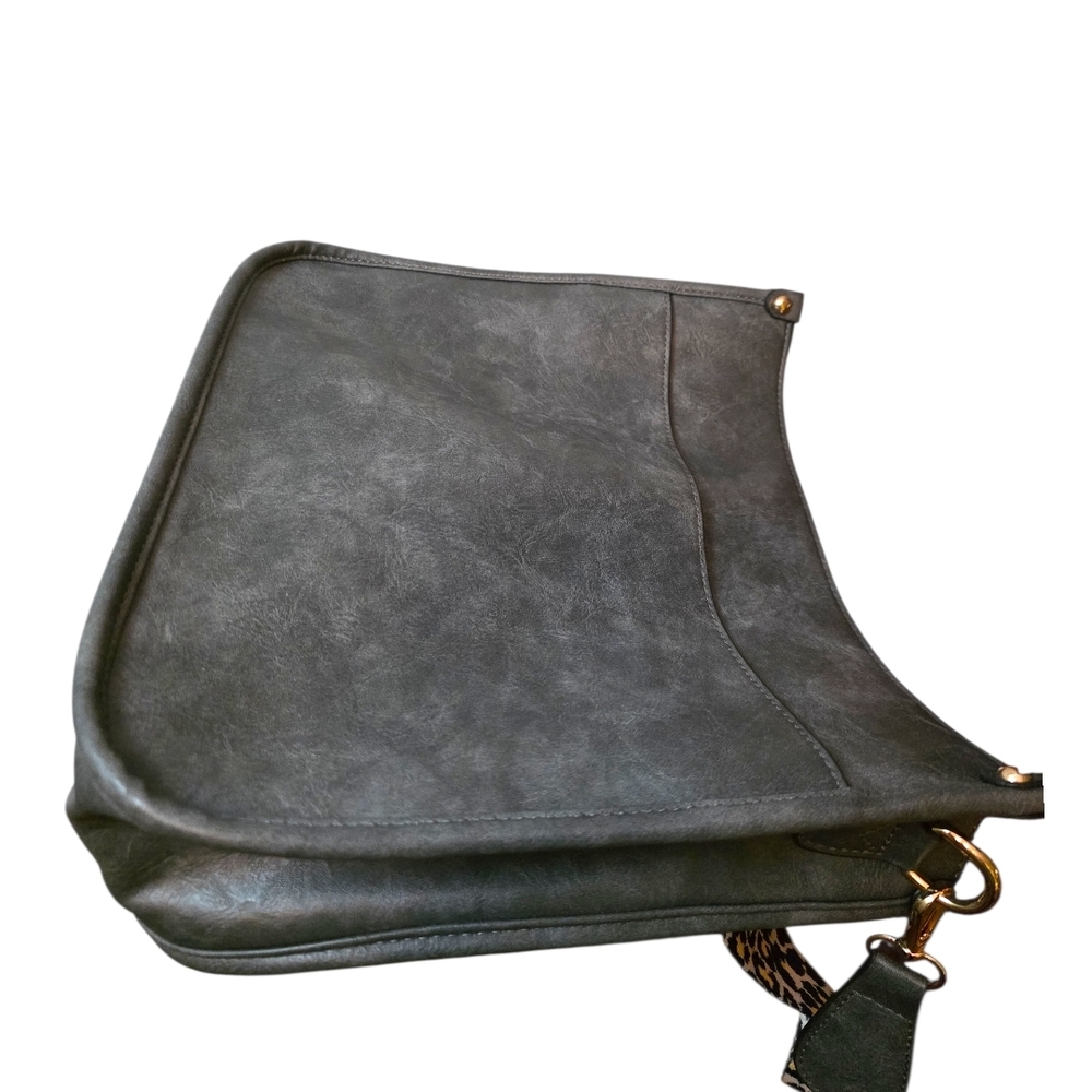 Charcoal Gray Faux Leather Crossbody Bag w/ Leopard & Tan Strap | Gold Hardware - Picture 7 of 12